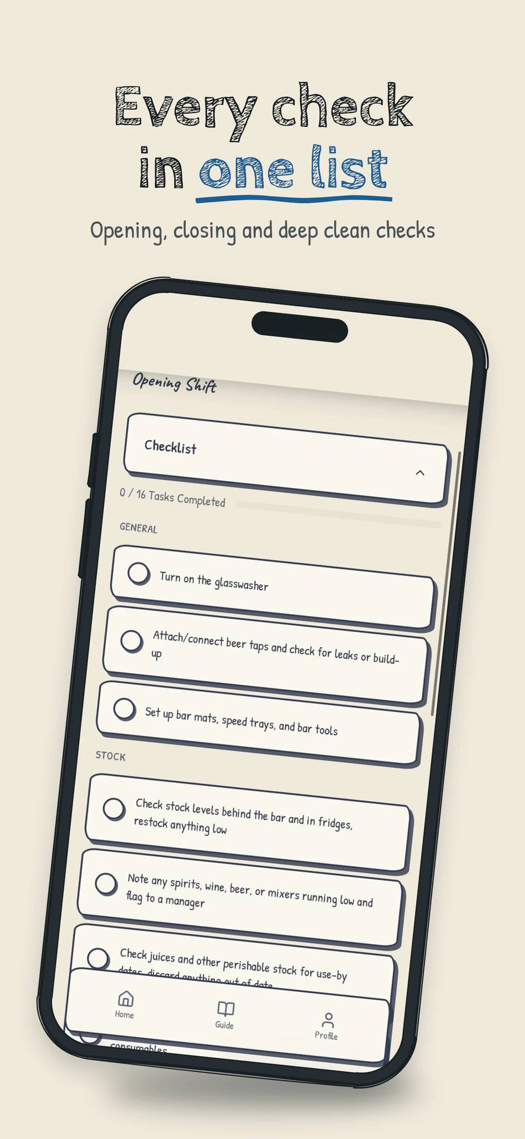Run It poster. Every check in one list. A phone shows an opening shift checklist with tasks such as turning on the glasswasher.